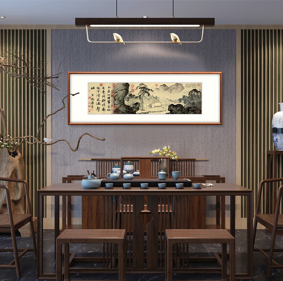 奕境中式装饰画书房水墨山水画国画新办公室挂画字画唐伯虎事茗图臻雅