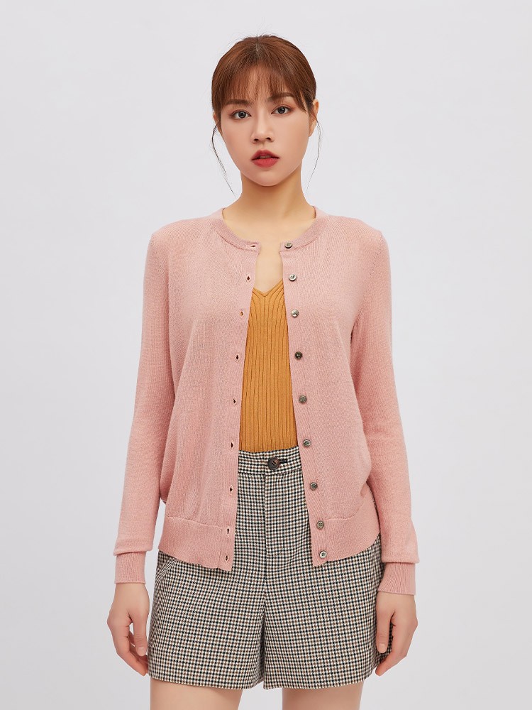 哥弟女装2021秋季新款圆领长袖纯羊毛衫女针织开衫外套空调衫a400145