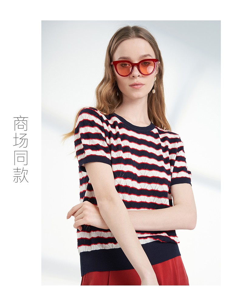 商场同款鹿王短袖t恤女桑蚕丝圆领变换组织条纹半袖春夏新款942112001