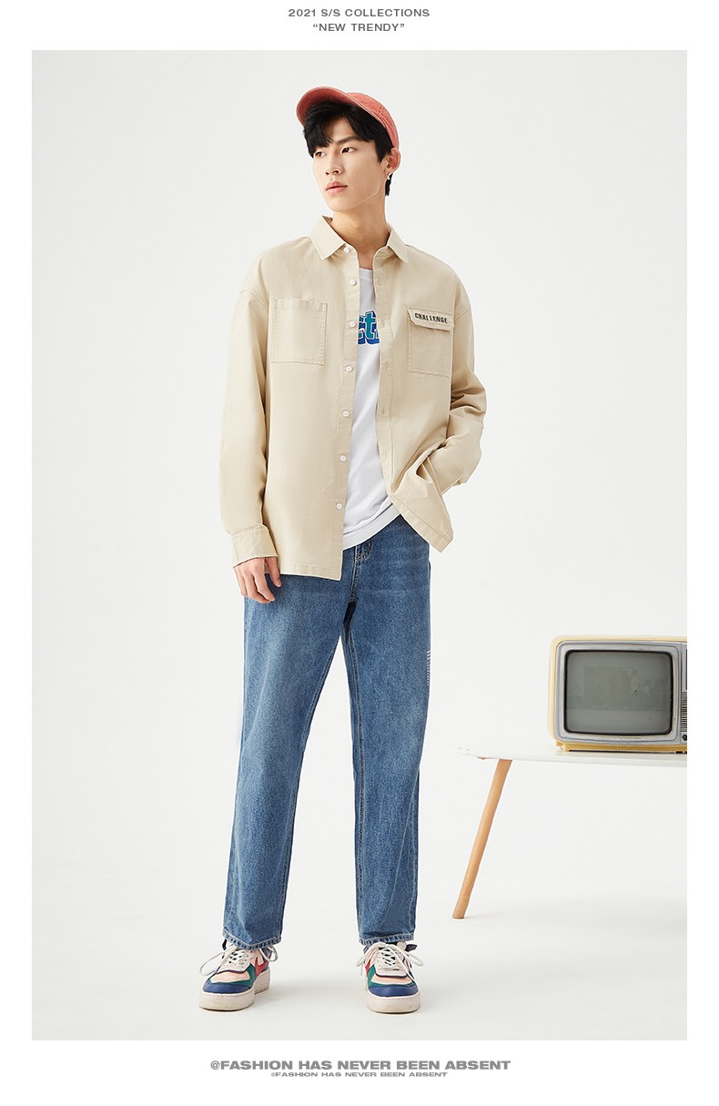 以纯线上品牌a21春季2021新款男装磨毛宽松翻领落肩长袖全开襟上衣男