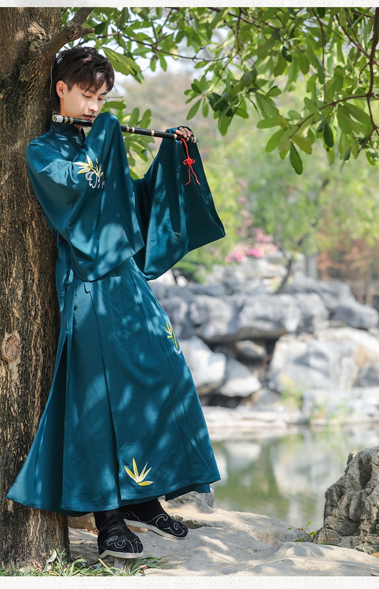 仙鹤古装男女情侣大袖套装长袍学生团体服 祥云金竹 直裾长袍 腰带 s