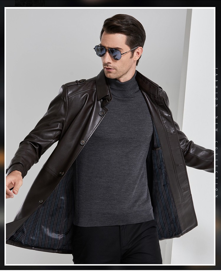 okoj品牌商务休闲新款立领皮衣男装休闲中长款皮风衣外套 黑色 2xl