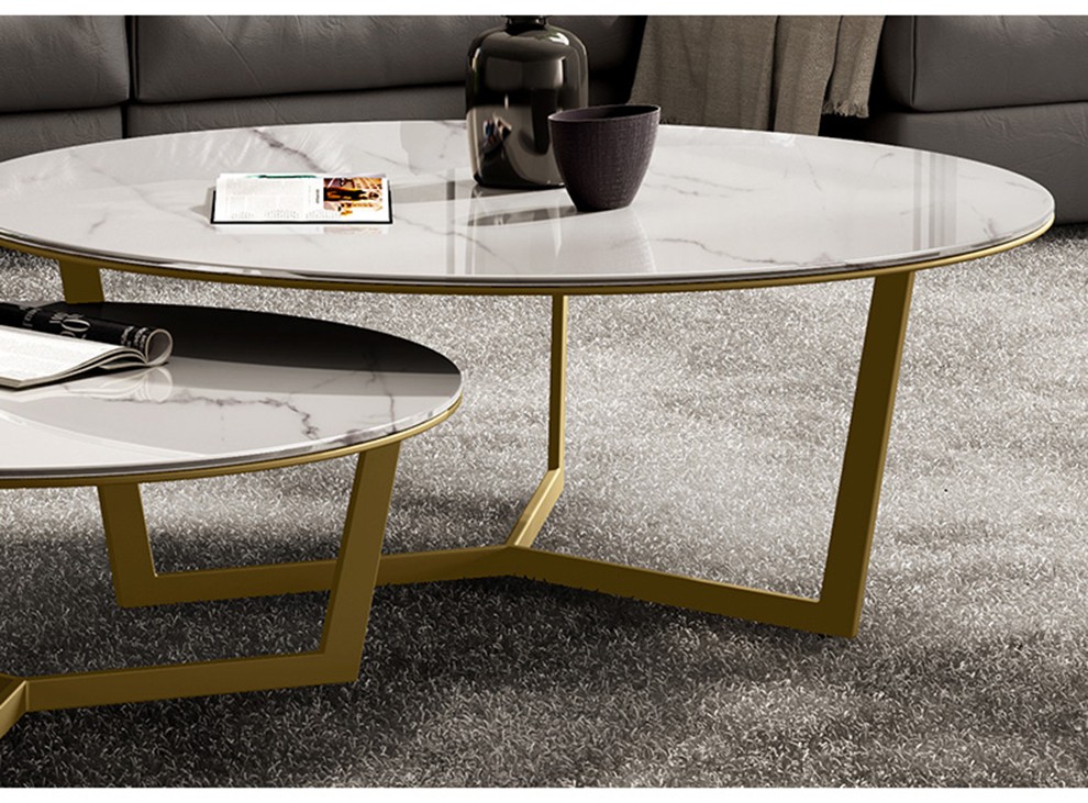初趣木语茶几岩板大理石大小圆伸缩茶几组合镀金轻奢茶几小户型后现代