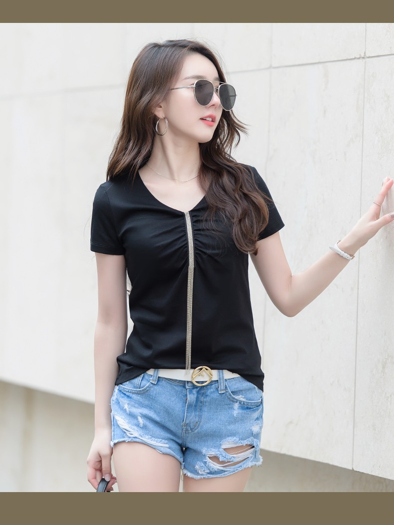 冰丝短袖女夏天新款上衣丝光棉t恤杉褶皱半袖体桖衫鸡心领下天衣服