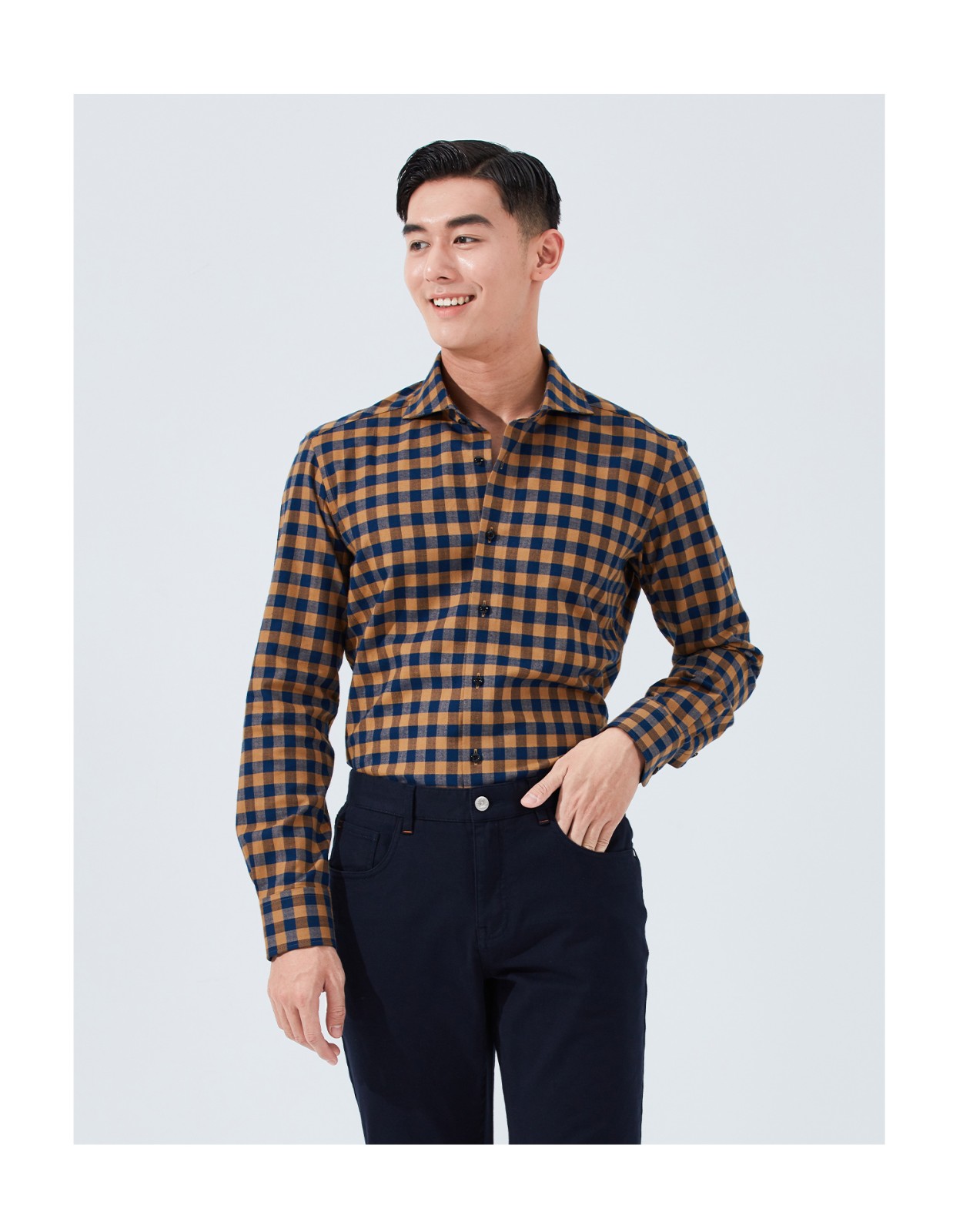 hany纯棉衬衫男长袖格子温莎领磨毛高端正装商务休闲男士衬衣法里德格