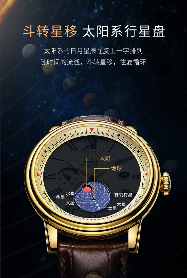 坤格(kronsegler)德国进口手表 哥白尼日心说纪念版男士手表 防水自动