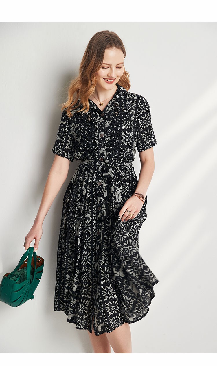 帕罗连衣裙真丝女时尚收腰几何印花短袖中长裙100桑蚕丝裙子es2283y黑