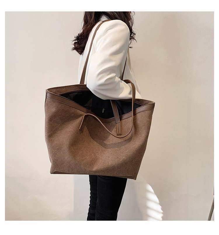 帆布包女单肩手提袋新潮酷时尚休闲女士背包布兜布袋纯色简约包包 咖