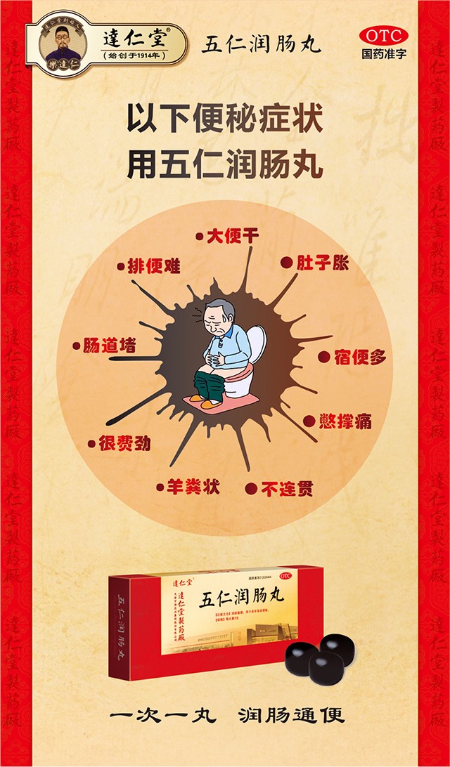 逹达仁堂 五仁润肠丸 9g*10丸/盒 便秘润肠通便药 老年体弱便秘cs 2盒