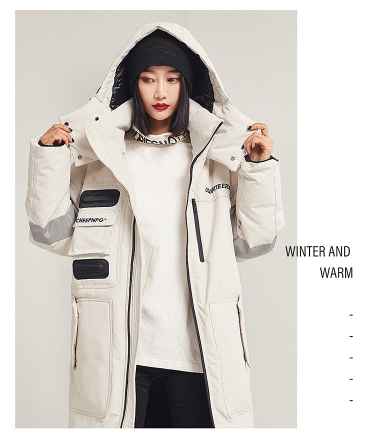 mongcold羽绒服女新品连帽大毛领中长款加绒加厚女士过膝大衣情侣派克