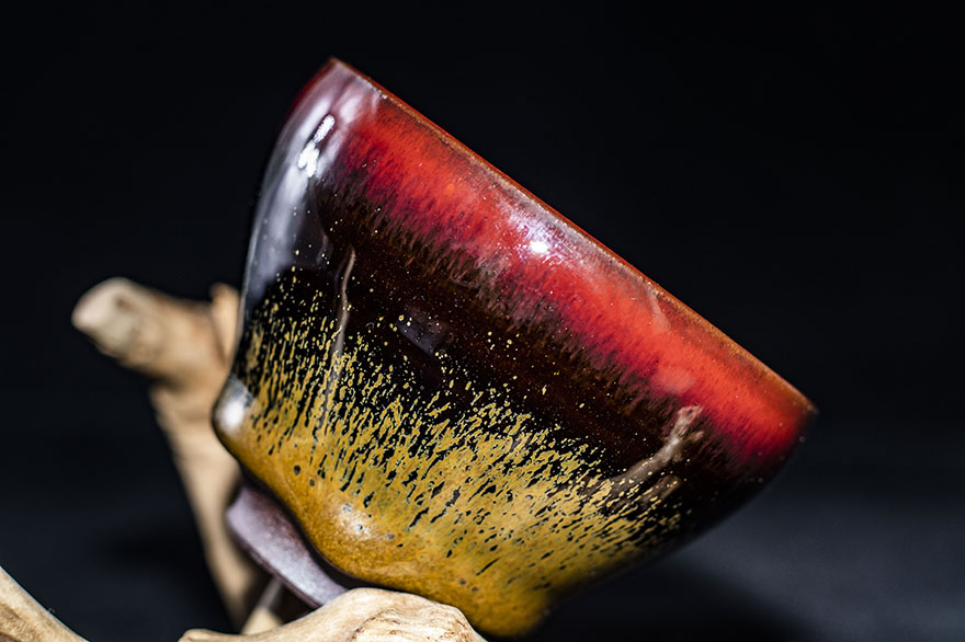 有釉泪 柴烧【红缘聚宝蛋杯】俞章平 建阳建盏 口径7.8 y62-416