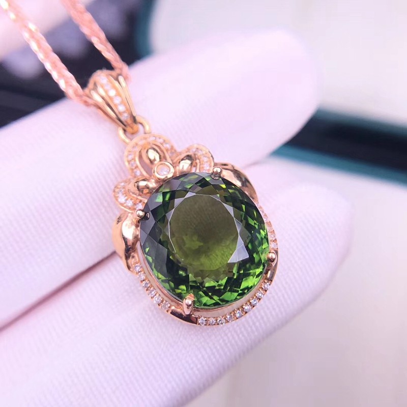 绿碧玺吊坠女18k重金镶嵌晶体干净南非足反钻石彩色宝石项链送老婆