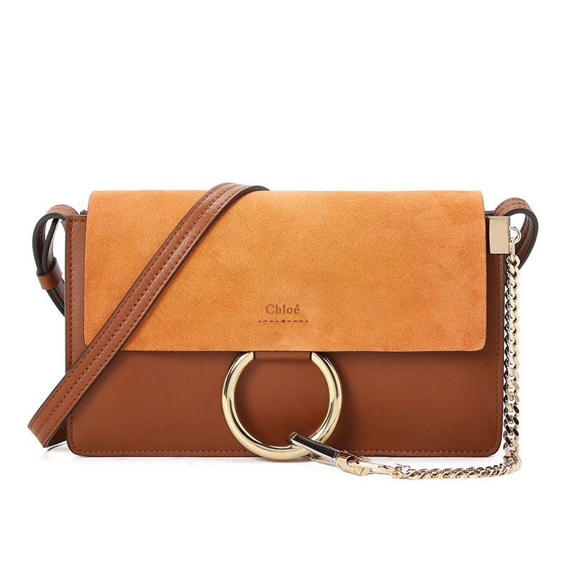 蔻依chloe克洛伊女包faye圆环包迷你圆环扣牛皮拼接麂皮女士单肩包女