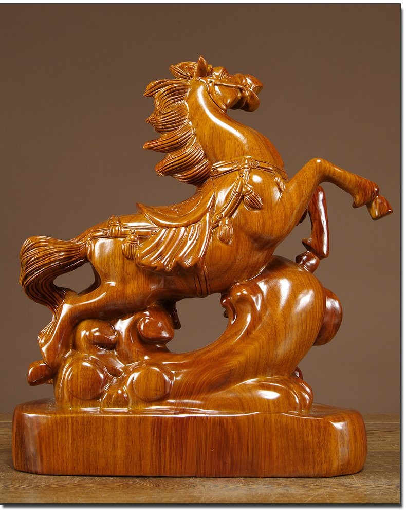 浣彩黄花梨木雕马到成功摆件实木雕刻十二生肖马工艺品摆设家居客厅