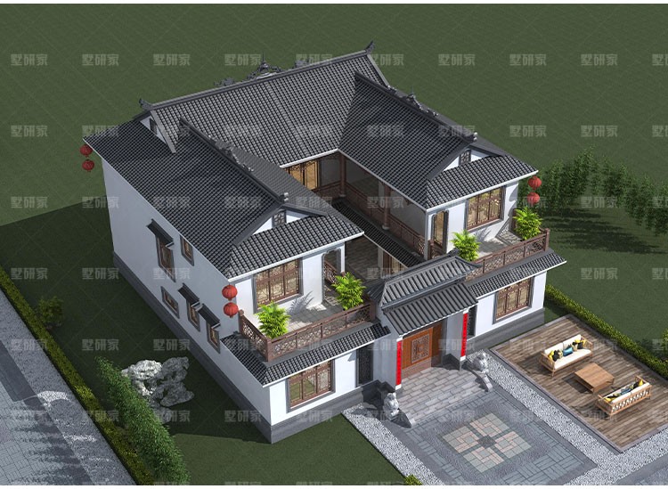 二层四合院别墅设计图纸仿古徽派建筑农村自建房设计图别墅外观效果图