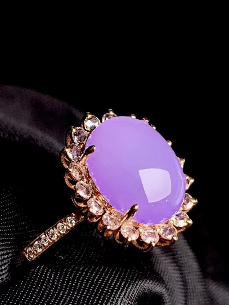 发源地 冰紫蛋面戒指 18k金镶钻缅甸a货翡翠玉石珠宝首饰送女友裸石