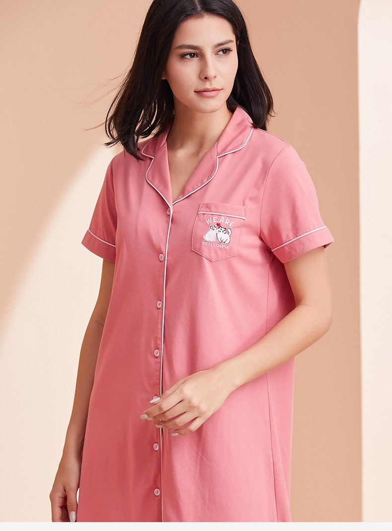 仕乐女士纯棉睡裙女春夏短袖中长裙睡衣全棉休闲宽松薄款家居裙灰粉色