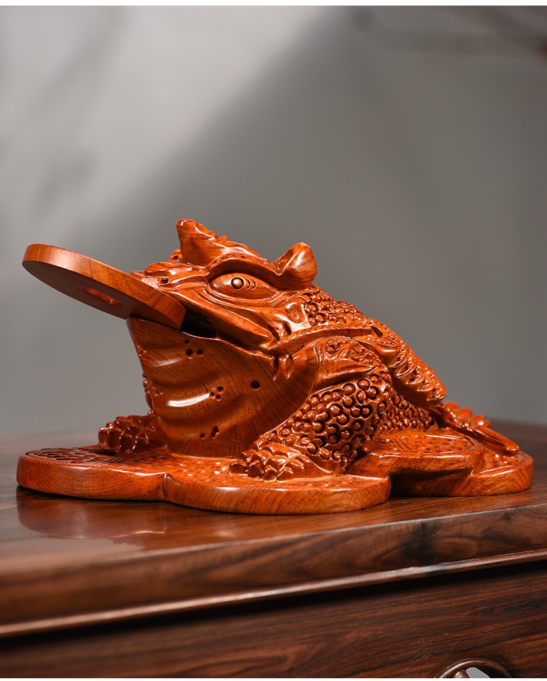 浣彩花梨木雕三足金蟾蜍风水招财摆件客厅装饰酒柜摆件实木雕刻工艺品