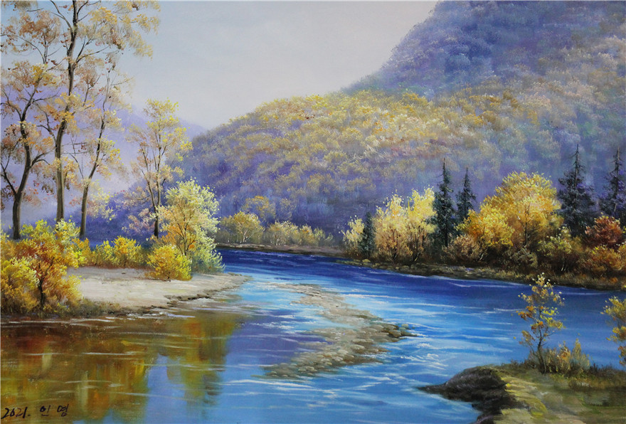 朝鲜一级画家仁英湖边风景油画装饰收藏6834