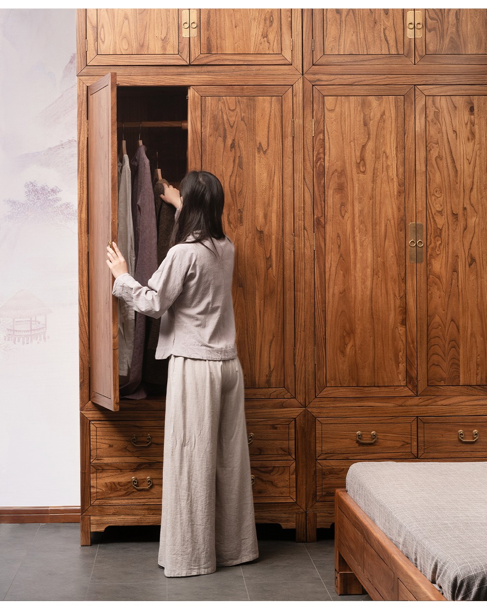 溪木工坊新中式衣柜实木中式禅意卧室顶箱柜家用榆木大衣柜子组合底柜