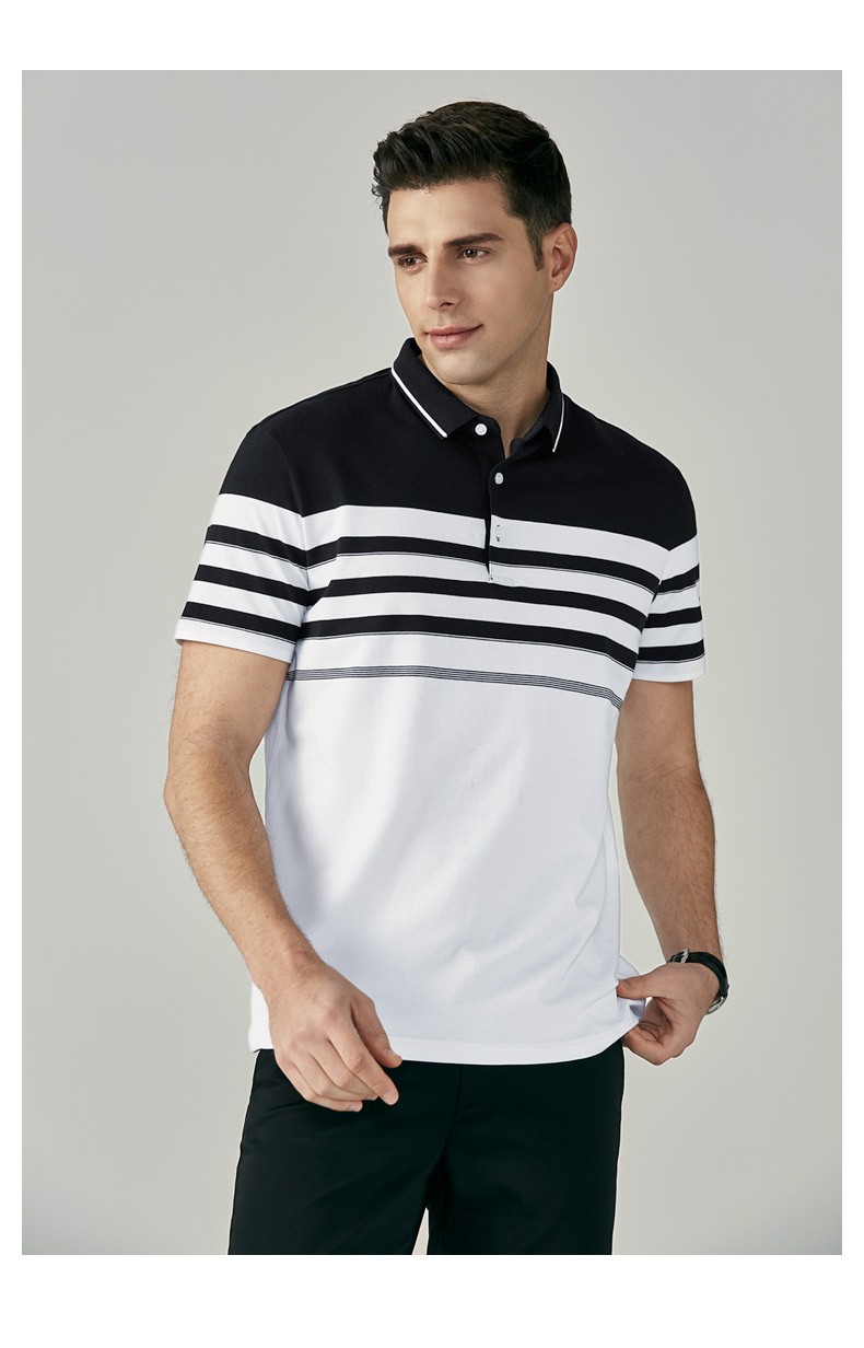 虎都男装短袖新款舒适纯棉条纹翻领t恤男士休闲潮流上衣25475黑色s165