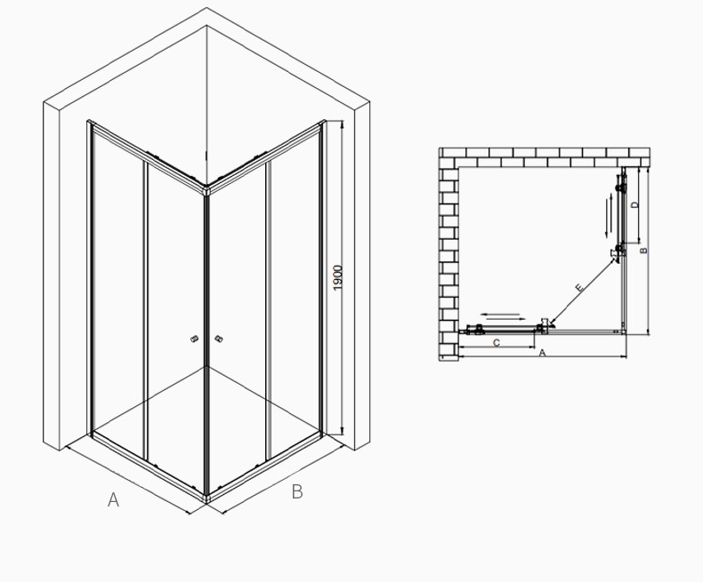 洗澡浴室隔断家用小户型l型淋浴房亮银色7007001900mm玻厚8mm不含蒸汽
