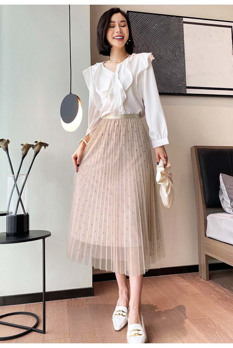 伊索琳网纱半身裙女春季2021新款高腰显瘦百褶裙波点纱裙中长款a字裙