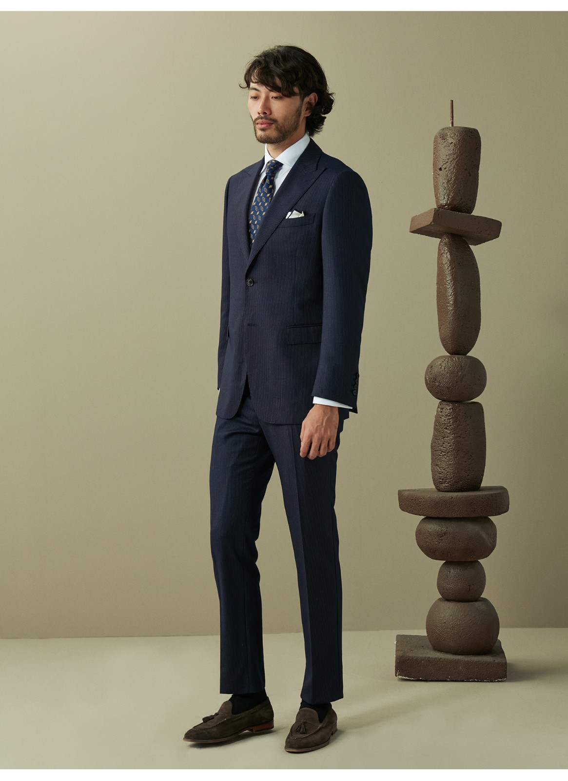 hany意大利vbc羊毛西服套装男藏蓝条纹商务高端正装结婚男士西装