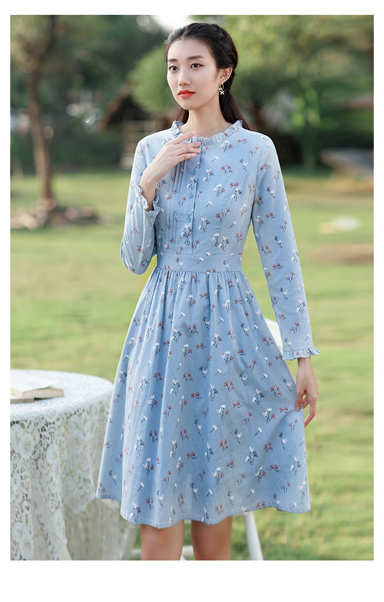 勿忘花纯棉连衣裙女2021秋季新款气质修身长袖小个子蓝色碎花裙子