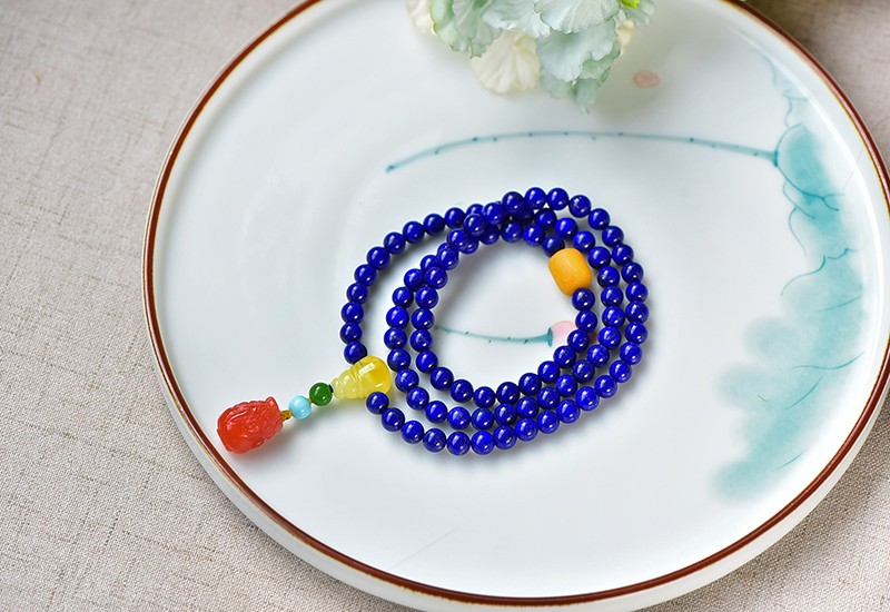 旭元青金石帝王青水晶手链男女佛珠多圈配珠蜜蜡手串饰品收藏款送礼