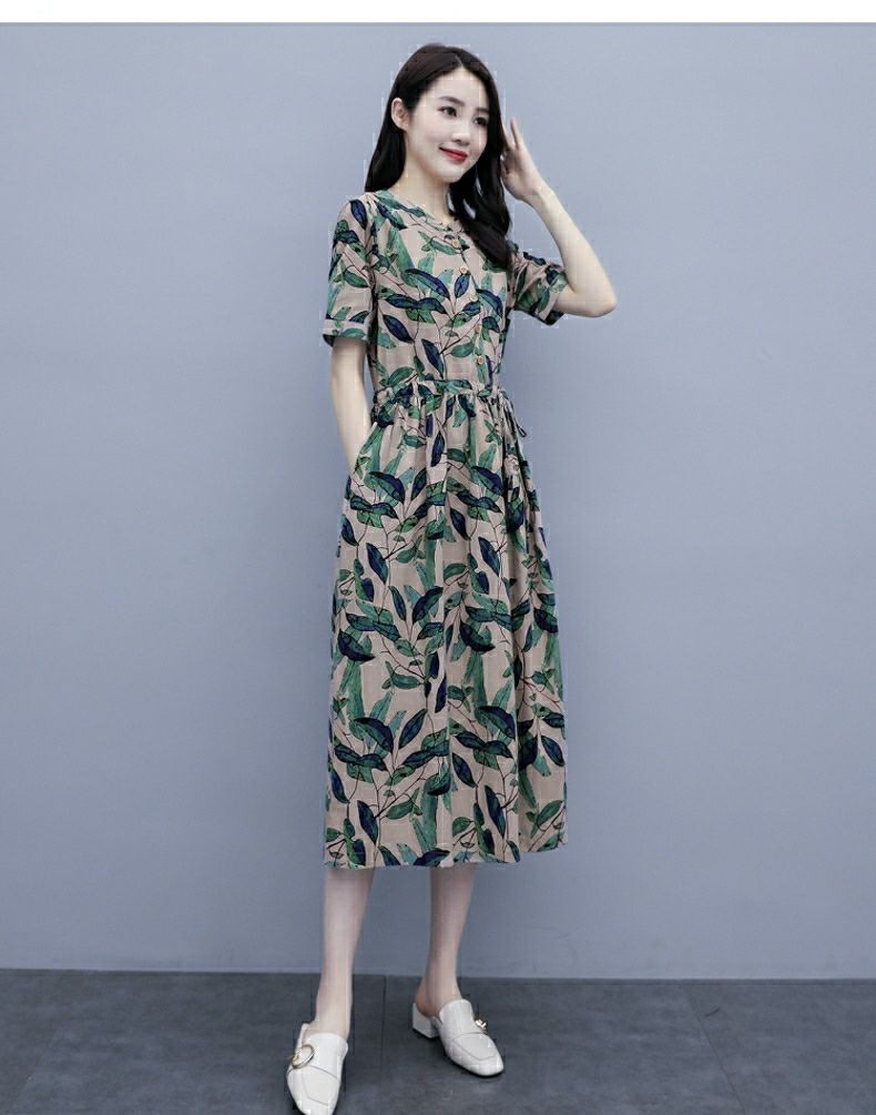 连衣裙女夏2021新款时尚短袖中长款连衣裙女装显瘦气质款休闲收腰印花