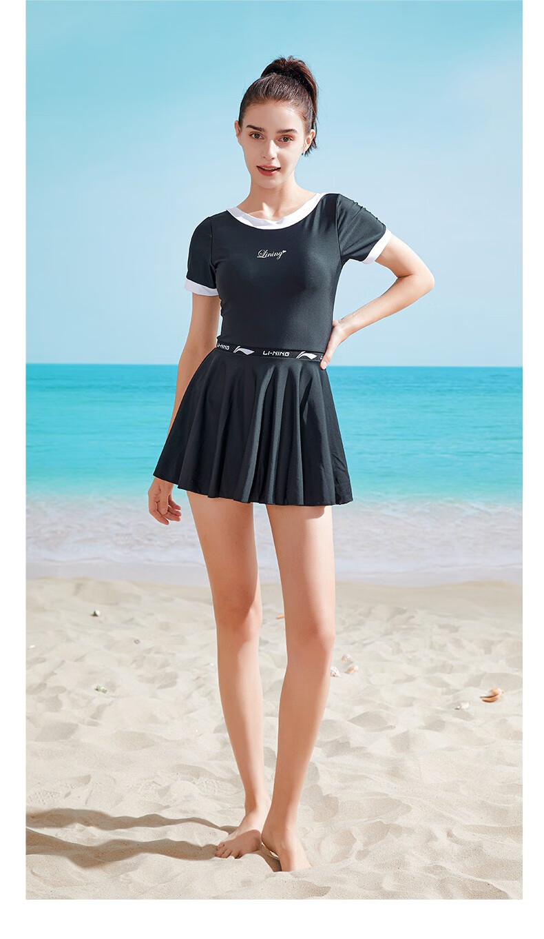 李宁泳衣女泡温泉2021年新款时尚连体游泳衣遮肚显瘦大码保守套装193