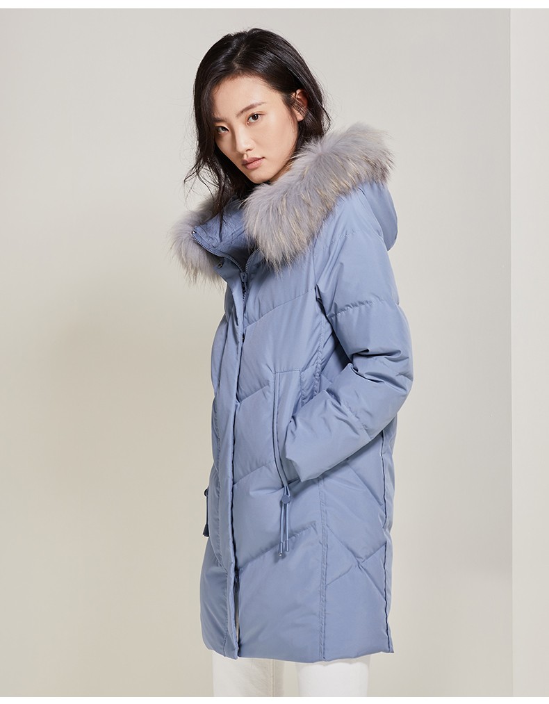 特价清仓雪中飞冬季羽绒服女中长款时尚保暖休闲毛领冬季外套素谧蓝