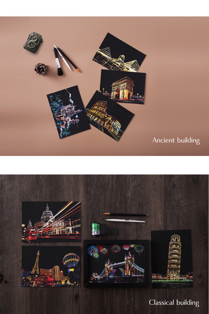 纸学生儿童彩色刮蜡画美术涂鸦纸情侣创意diy礼物现代都市烟花系列