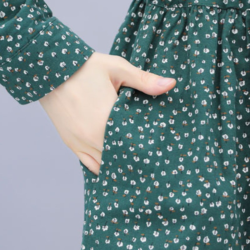 子牧棉麻春装 女时尚印花长袖休闲打底裙子收腰中长款连衣裙5716 3082