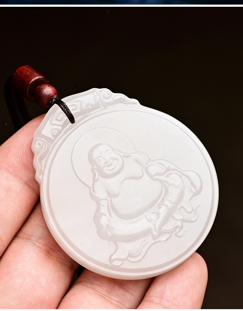 玉等我 和田玉羊脂白玉佛吊坠弥勒佛玉佩女款笑佛玉石毛衣链挂件项链