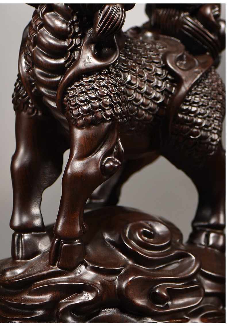 浣彩黑檀木雕刻麒麟摆件实木质一对家居客厅办公装饰品送礼红木工艺品