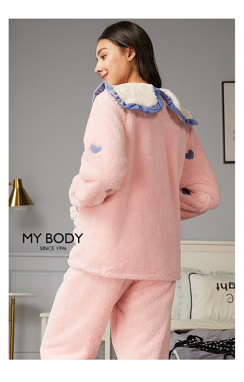 mybody睡衣女季长袖开衫法兰绒加绒加厚可爱两件套珊瑚绒保暖睡衣家居