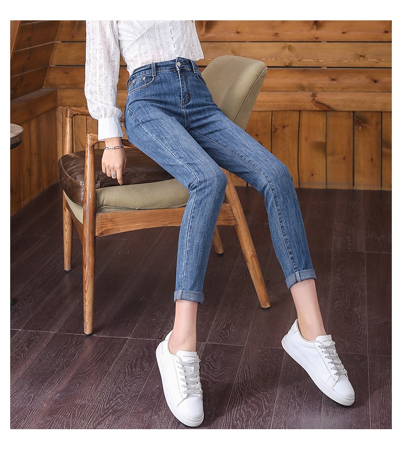 鹿媚儿牛仔裤女高腰显瘦紧身小脚裤春秋新款弹力铅笔裤网红黑色修身