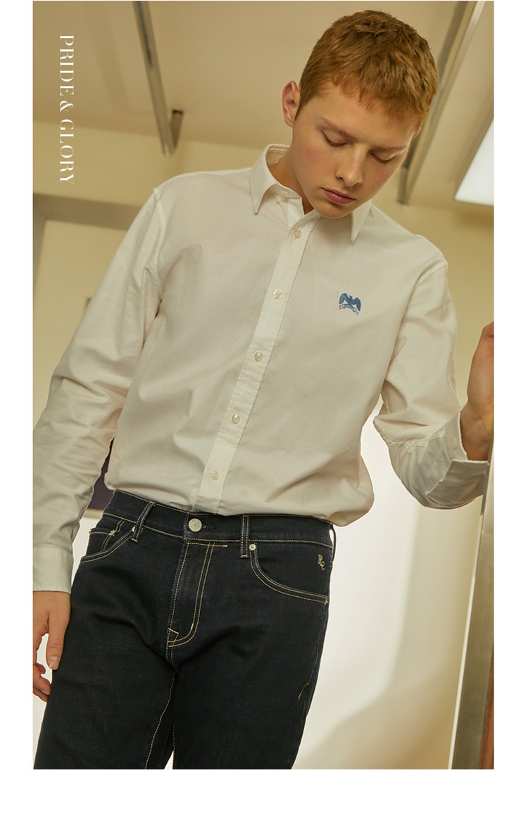 plory春夏新款经典纯色老鹰刺绣男士衬衣衬衫poywb6101p蓝色185