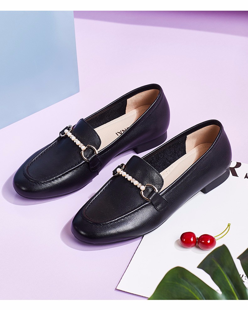 康奈女鞋春季女士新款单鞋休闲百搭圆头乐福鞋时尚方跟套脚豆豆鞋