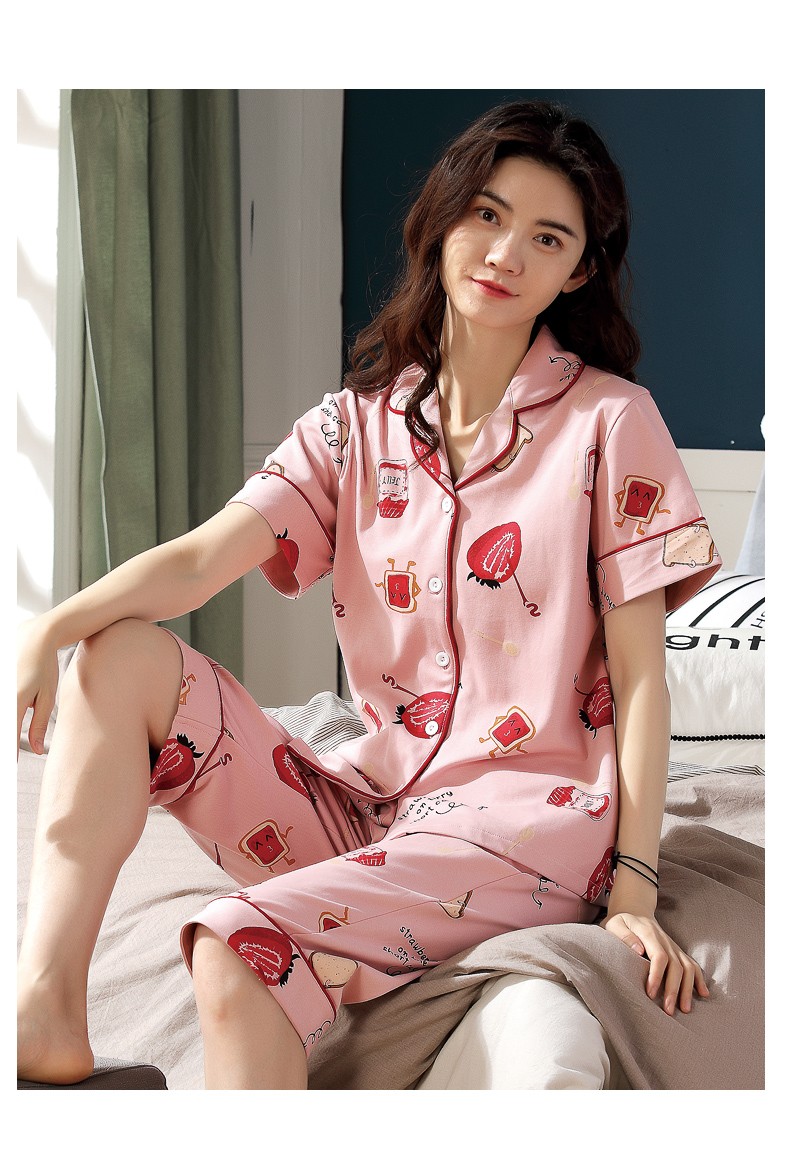 睡衣女夏纯棉短袖七分裤可爱韩版开衫甜美少女士夏天家居服两件套装浅