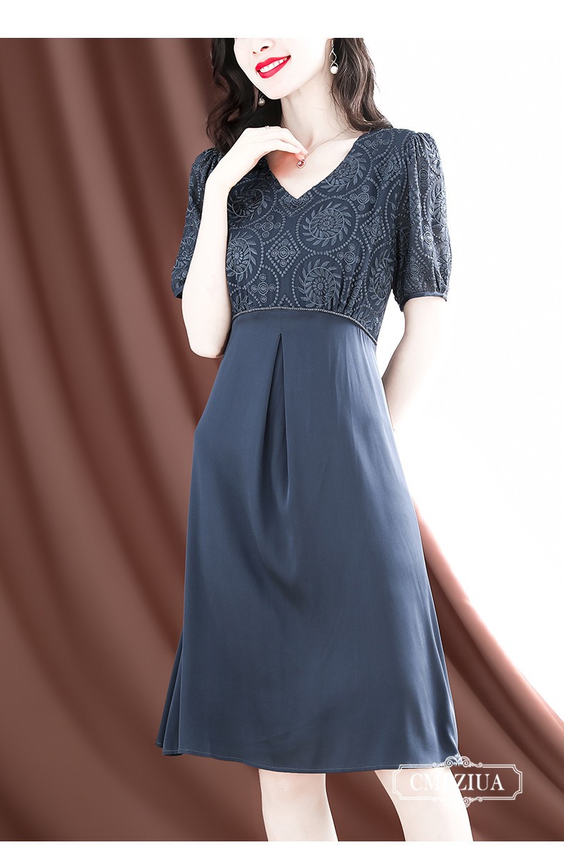 骆骐亚cmlziua品牌女装重磅真丝连衣裙2021夏季新款v领短袖轻熟风优雅