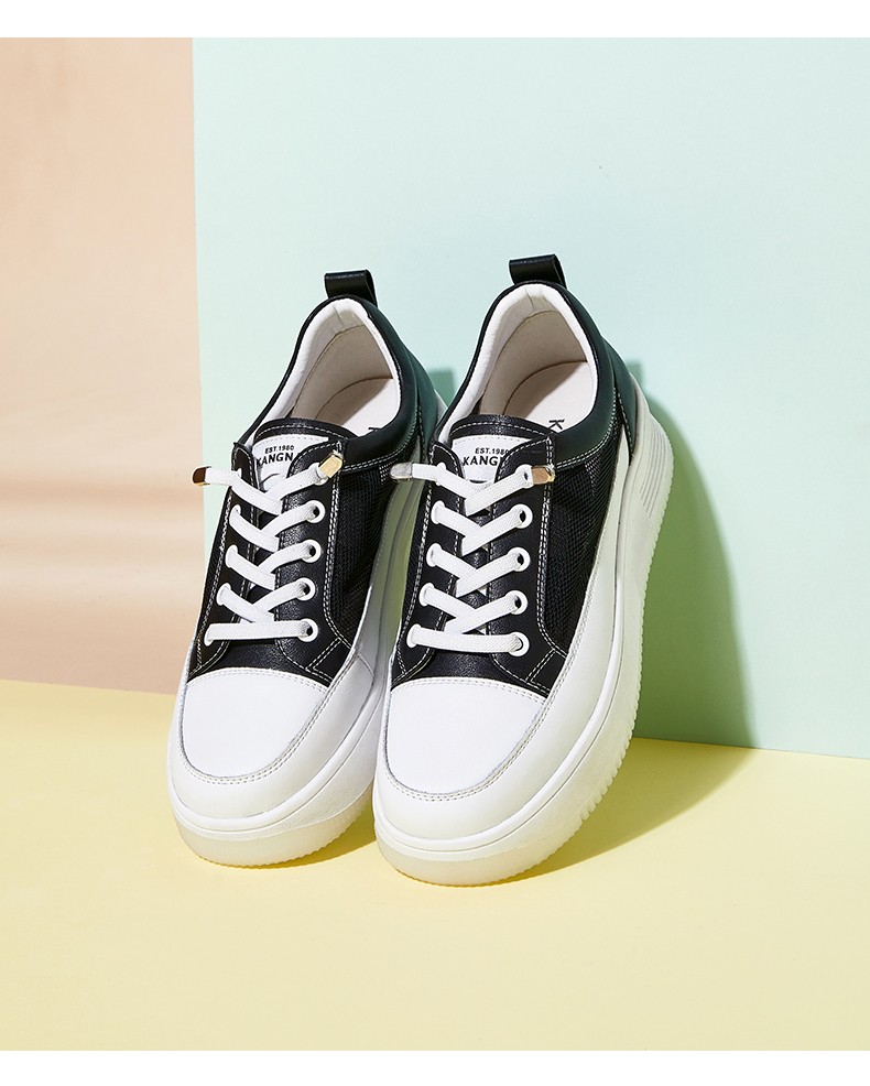 康奈休闲鞋 21夏季新款透气网面小白鞋女松糕厚底舒适增高简约百搭