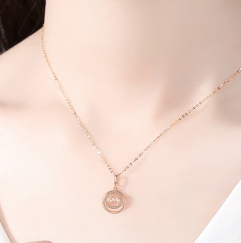 项链女锁骨链彩金玫瑰金au750圆环吊坠18k金love钻石项链可调节链长