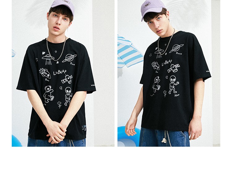 lilbear小熊男士短袖情侣t恤新款潮牌宽松半袖反光印花纯棉衣服潮紫色