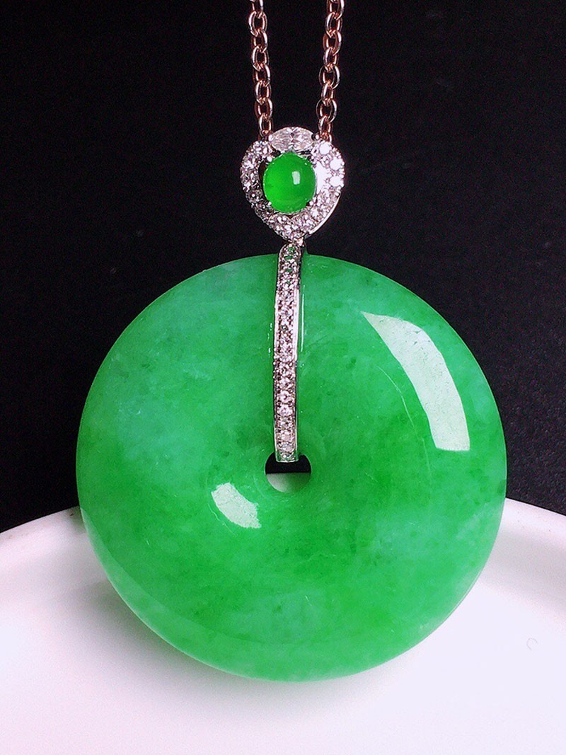 翡翠阳绿平安扣吊坠18k金镶钻缅甸天然翡翠玉石挂件珠宝首饰项链玉佩