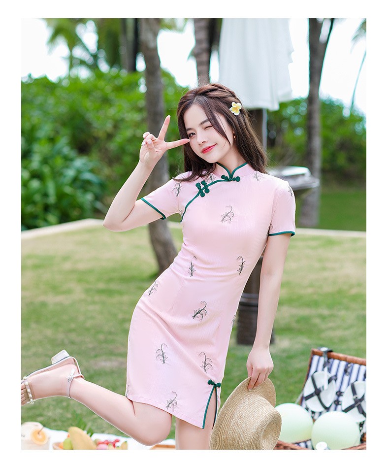 彪文旗袍连衣裙夏季夏装改良款旗袍裙女少女修身显瘦包边年轻款黄色xl