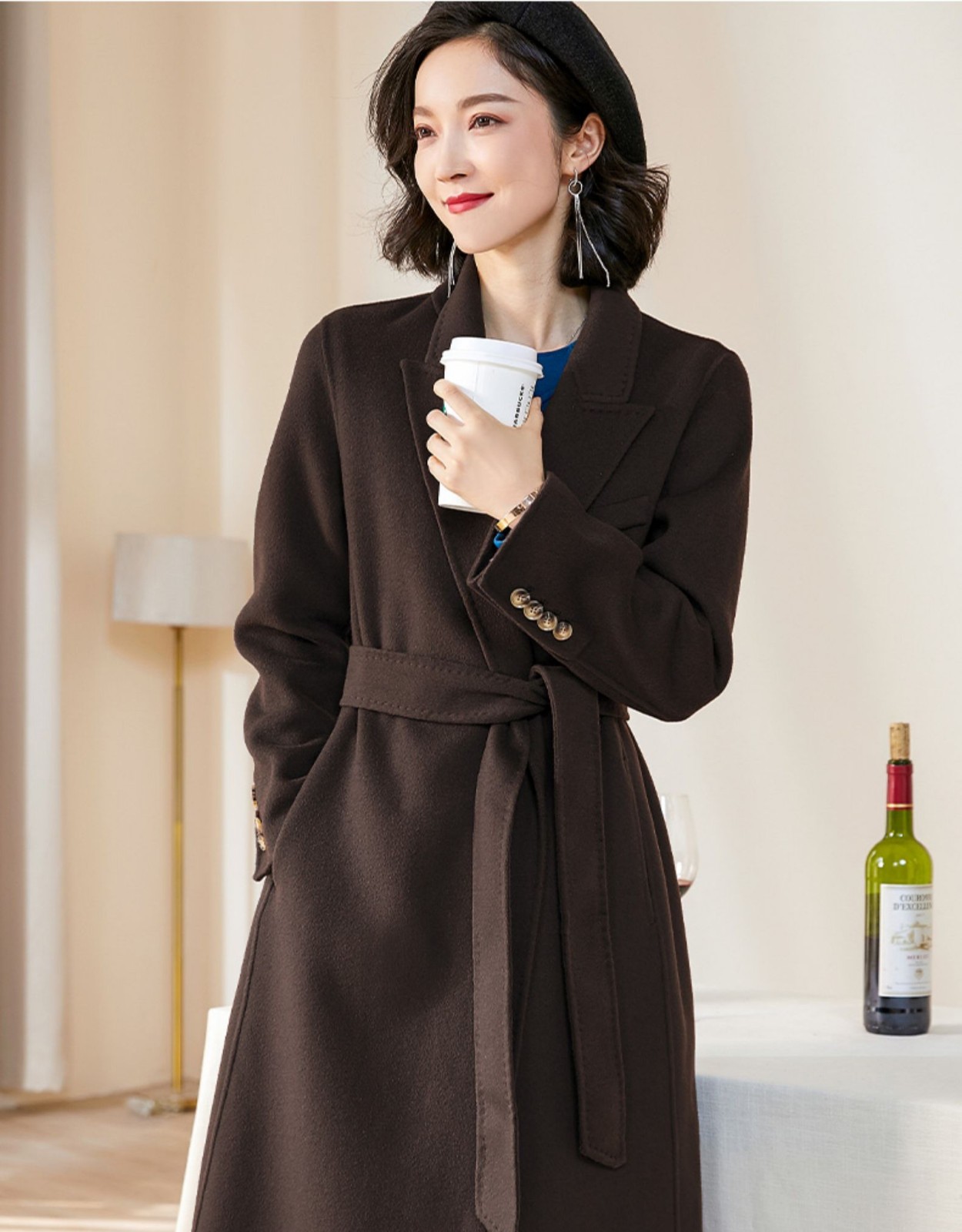 路易收腰系带纯羊毛呢大衣女2020年冬装新款时尚中长款外套女 咖啡色