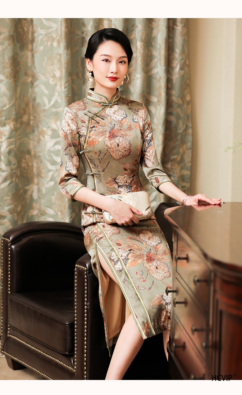 汇承(hcvip)高端真丝春季旗袍长袖中国风年轻款气质优雅七分袖长款